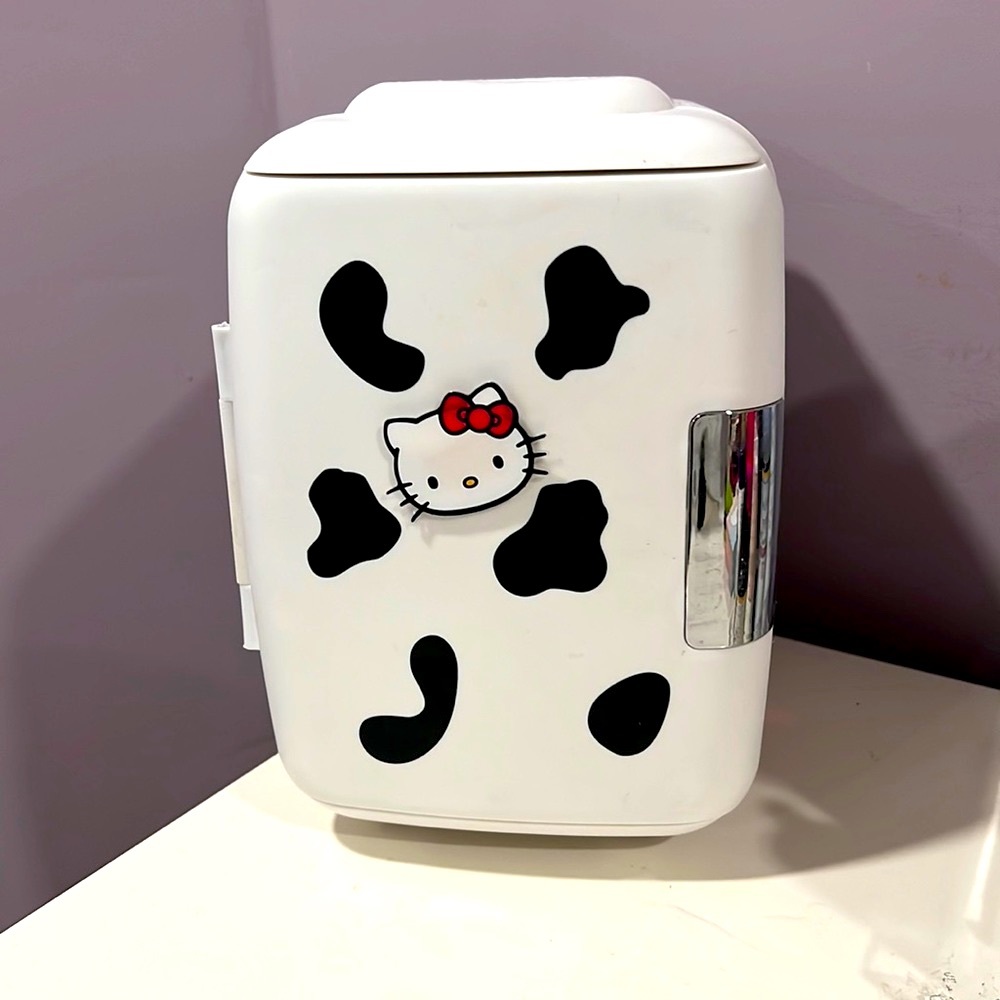 Cowprint Skincare beauty mini fridge with removable Hello Kitty Sticker